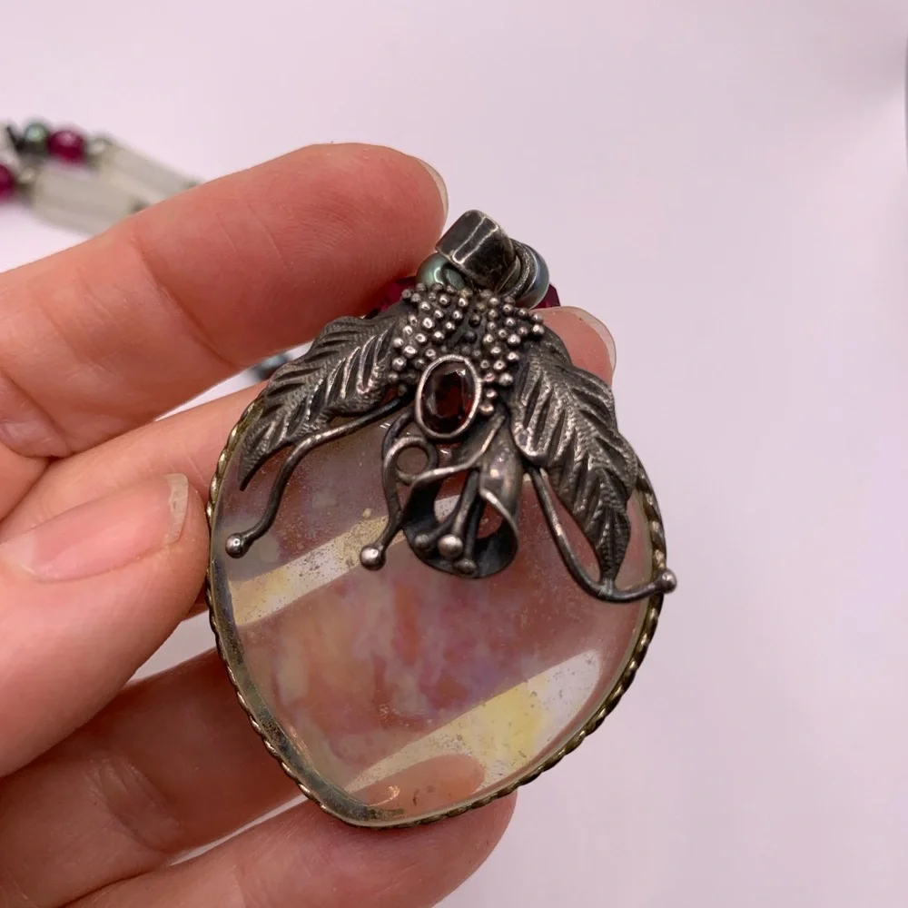 Moonstone and Garnet Sterling Unique Vintage Artisan Made Pendant